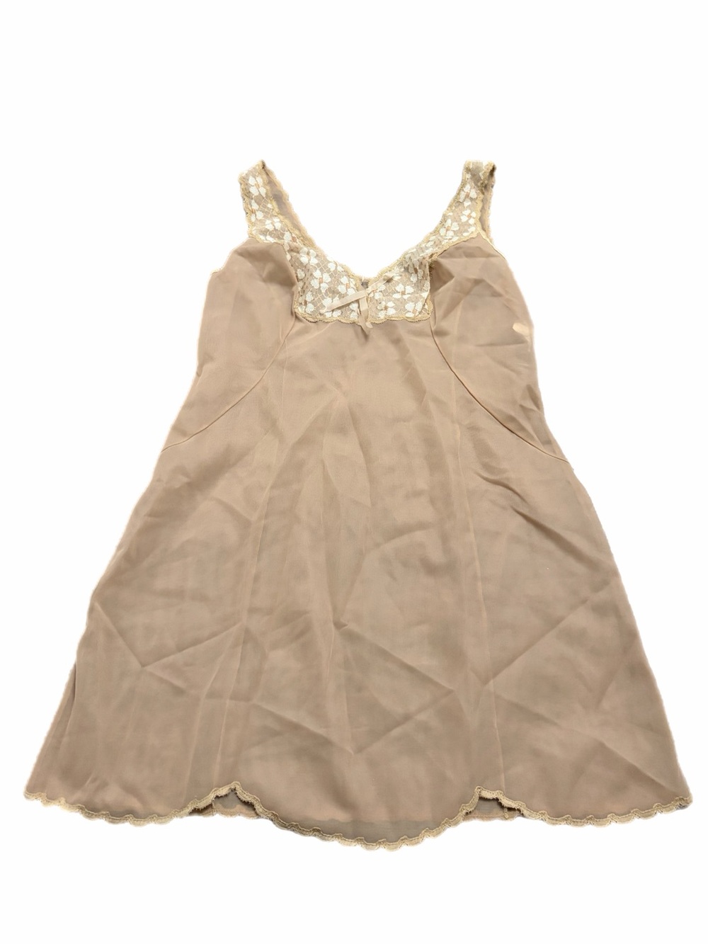 70s European Vintage Triumph Sheer Mini Slip Dress w Lace Bust (Nude/Tan) Size M